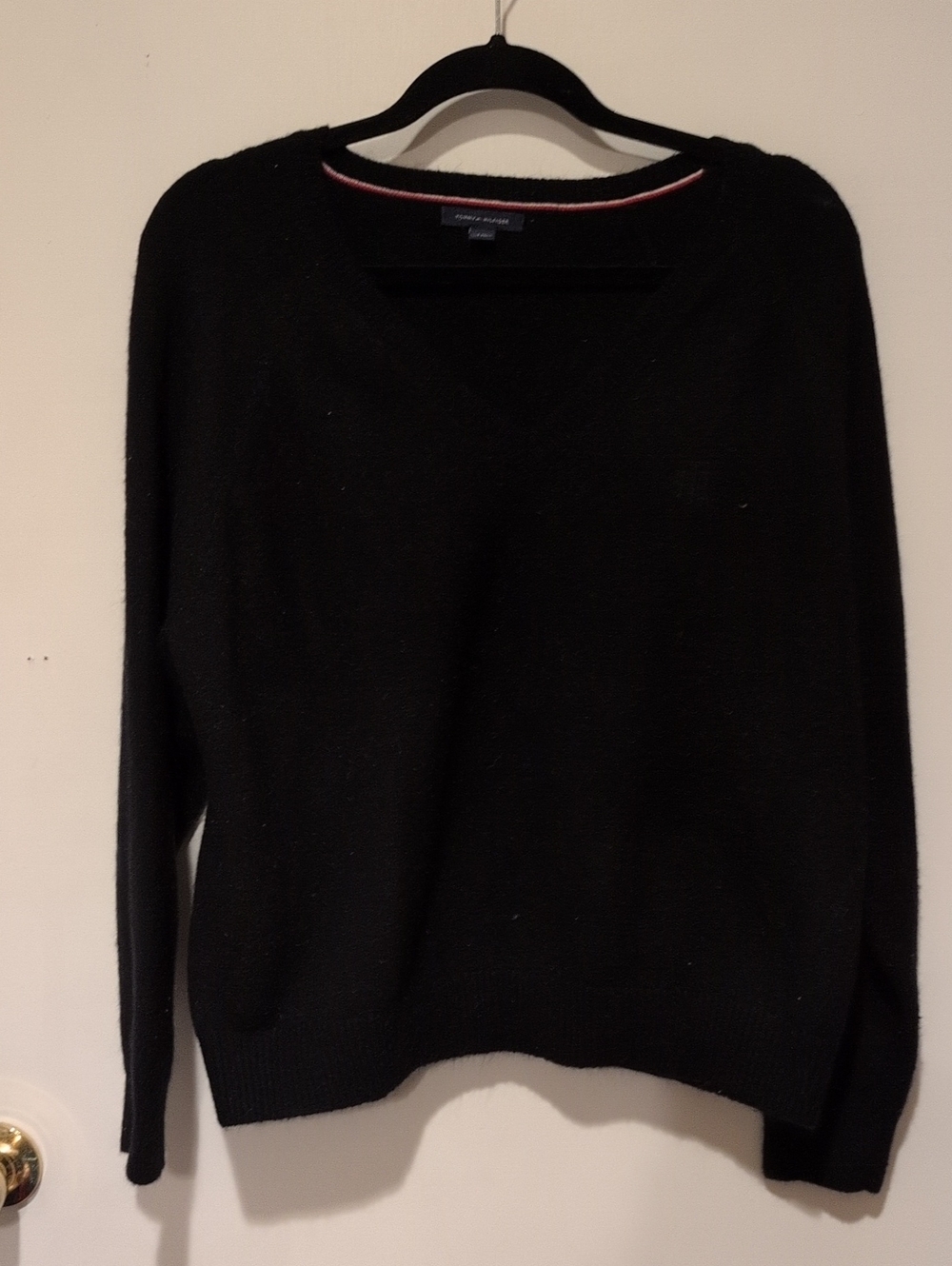 Tommy Hilfiger Black V-Neck Knit Sweater with Subtle Trim